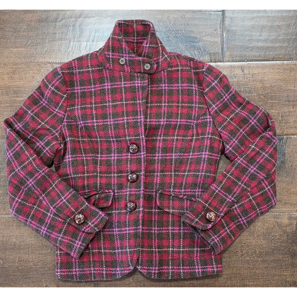 Y2K Retro Preppy Cabincore LL Bean Plaid Wool Tweed Funnel Neck Blazer Jacket  6